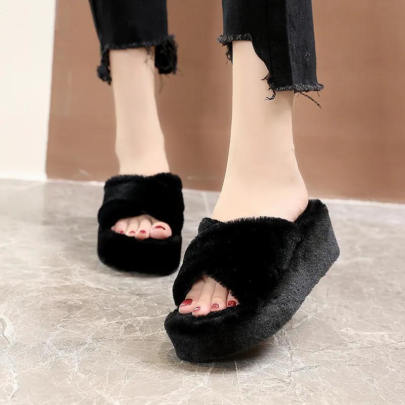 Heightening Woolen Slippers Women's Thick Soled Shoes In Autumn and Winter Versatile Non Slip Women's Slippers Outside