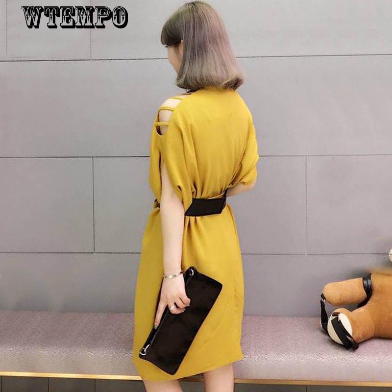 Brand Women's Leaking Shoulder Dress Summer Dress Bat Sleeve Loose Skirt