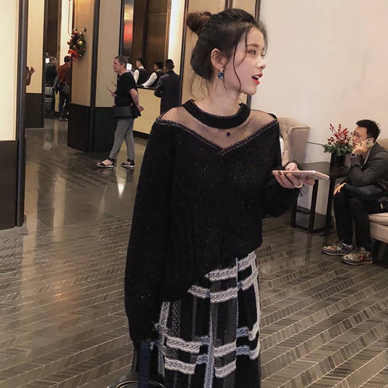 Pofulove Sexy Loose Bat Sleeved See-through Clavicle Top Mesh Knitwear Bright Silk Bottoming Sweater