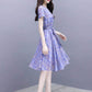 Pofulove S-3XL Women O-neck Chiffon Plaid Dress with Belt Slim Sexy Short-sleeved Long A-line Dress