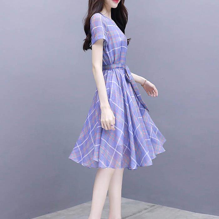 Pofulove S-3XL Women O-neck Chiffon Plaid Dress with Belt Slim Sexy Short-sleeved Long A-line Dress