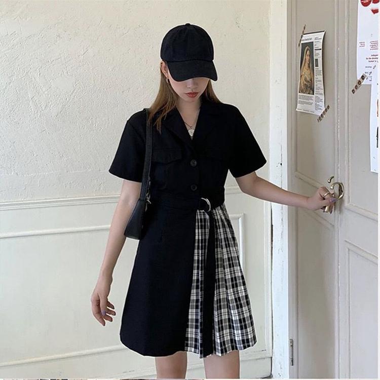 Irregular Plaid Black Dress Women's Cool Girl Summer Dress Short Sleeve Turn-down Collar Knee-length Dating Party Daily Wear