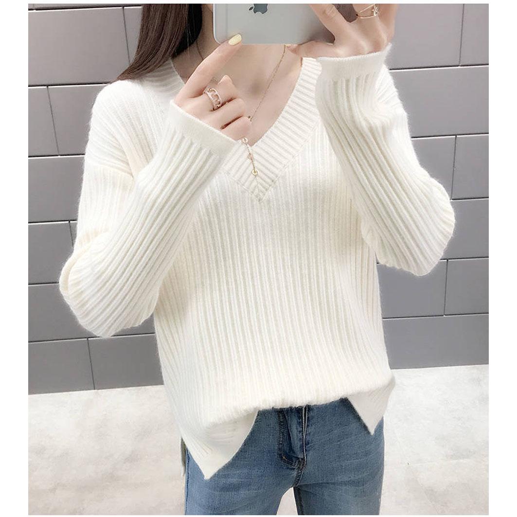 Loose Casual Thicken Sweater Women Trend Simple V-neck Solid Color Pullover Multicolor Sweater