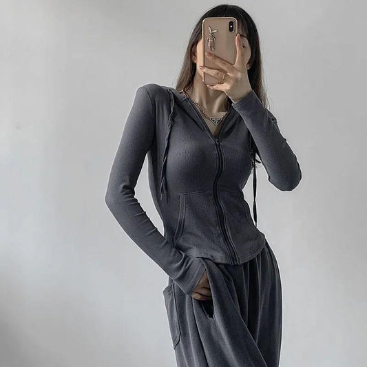 American Women's Retro Hooded Sweater Short Gray Long-sleeved Top Early Autumn Thin Section Pure Desire Slim Fit Zipper Cardigan Jacket Girl's Top