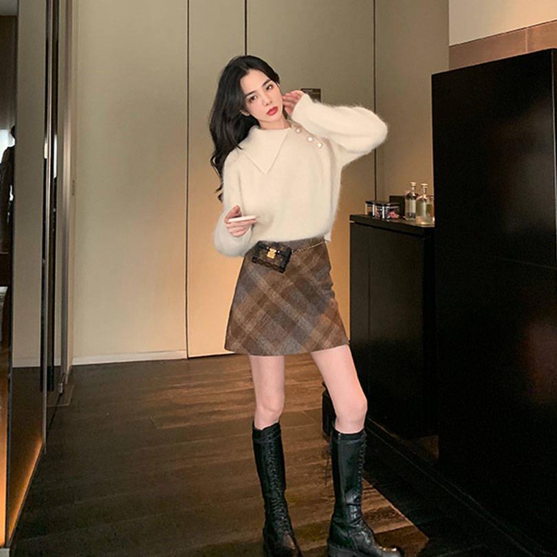 Pofulove Autumn Winter Lapel Loose Long-sleeved Sweater Shirt Mink Wool Sweater Women Pullover