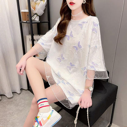 Butterfly Embroidery Veil Women Dress Girl Loose O-Neck Loose Short Sleeve Casual Long T-shirt Dress
