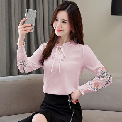 Embroidery Flowers Women Shirts Tops Long Sleeve Casual Chiffon Blouse Stand Collar Plus Size Shirt