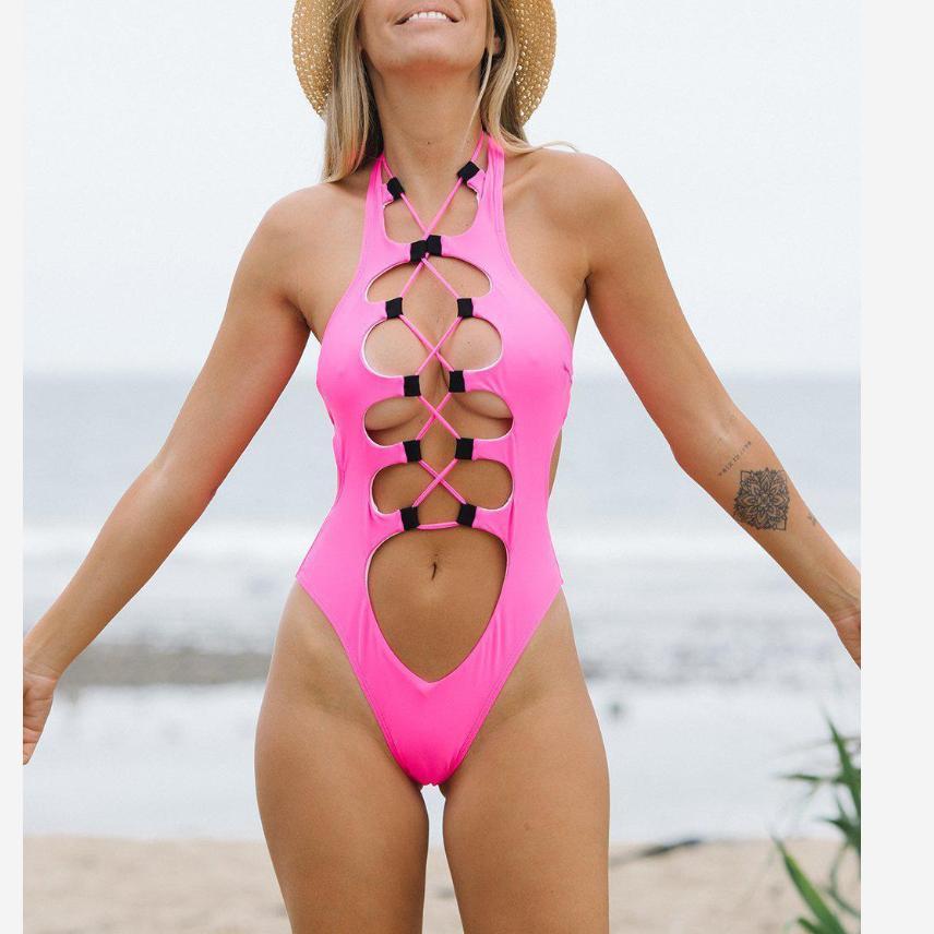 Hollow Out Swimwear Women High Neck Solid Black High Cut Backless Bandage Bathing Suit Holiday One Piece Swimsuit