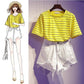 Fashion Summer T-shirt Set Loose Striped T-shirt Denim Short Two-piece Set Women Shorts Set Outfits