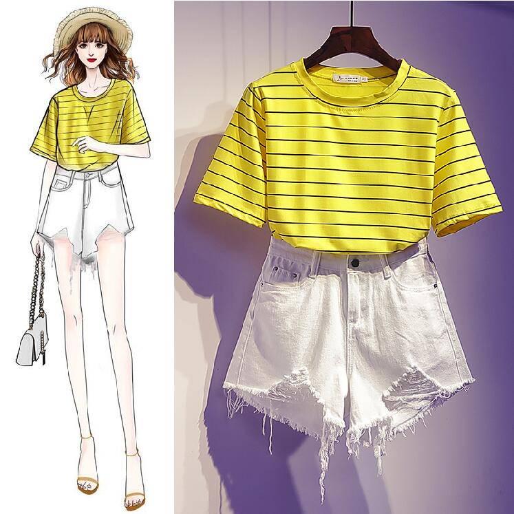 Fashion Summer T-shirt Set Loose Striped T-shirt Denim Short Two-piece Set Women Shorts Set Outfits