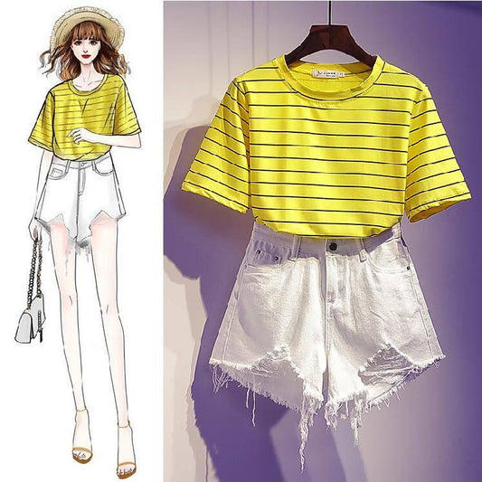 Fashion Summer T-shirt Set Loose Striped T-shirt Denim Short Two-piece Set Women Shorts Set Outfits