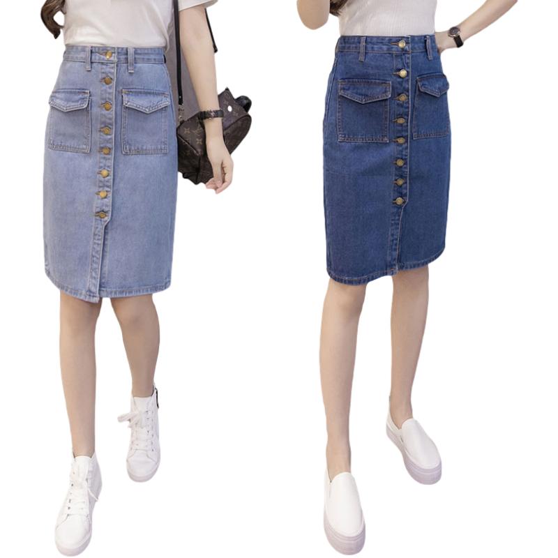 Women Sexy Solid Pocket Buttons Split Denim Skirt High Waist Above Knee Hip Skirt Casual Club Home Office
