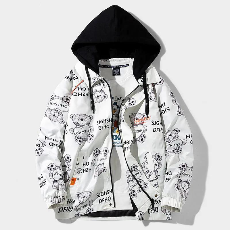 Heart Bear Print Jacket Spring Hooded Windbreaker Men Casual Loose Coat Soft Comfortable Top Regular