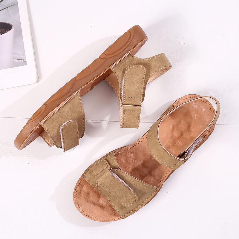 Soft Bottom Sandals Female 2020 Velcro Flat Bottom Students Korean Version of Beef Tendon Bottom Leather Flat Heel Sandals