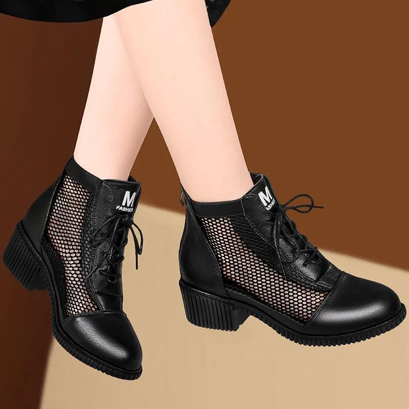 Ladies Mesh Breathable Cool Boots Spring and Autumn Middle Heel Lace Back Zipper Hollow Single Boots Thick Heel Martin Boots Women
