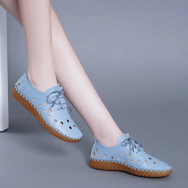 Women's Spring Summer Large Size Flat Shoes Non Slip Soft Sole Solid Color Hollow Out Leather Shoes