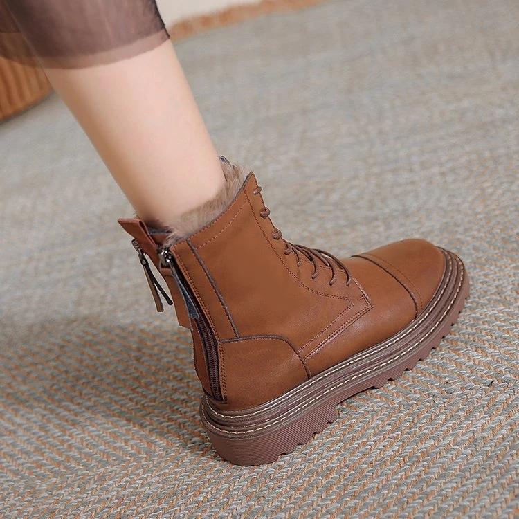 Real Fur Boots for Women Winter Shoes Genuine Leather Boots Black Ankle Booties Platform Chunky Boots Flat Botas