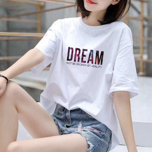 Cotton One-piece Short-sleeved T-shirt Women Loose Casual Tops White Printed T-shirt Round Neck Short-sleeved Loose Casual
