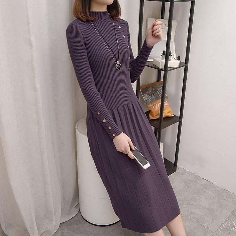 Knitted Dress Mid-length Long-sleeved Round Neck Loose Sweater Women's Knee-length Undershirt