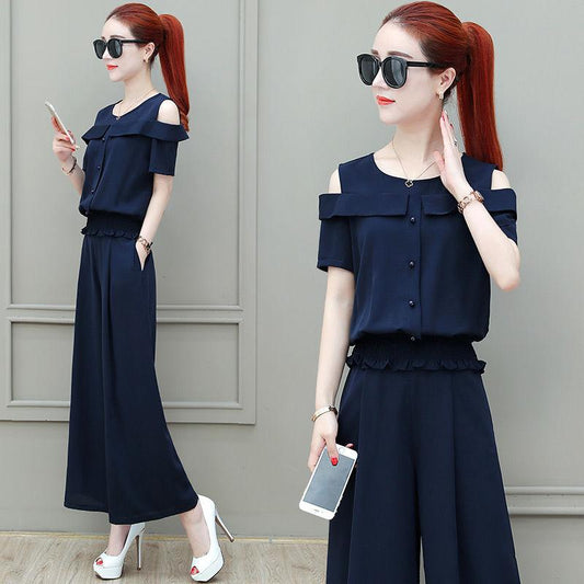 Wide-leg Pants Suit Women's Long-tube Wide-leg Pants Summer Leaky Shoulder Top Two-piece Set Waist Slimming Round Neck Strapless Shirt