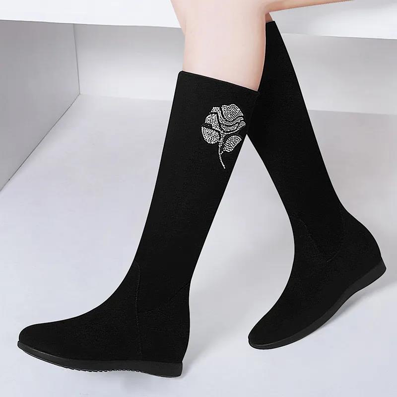 Inner High Boots Suede Elastic Short Boots Flat-bottomed Women's Boots Wild Martin Boots Single Boots Rhinestone Decoration