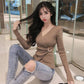 Pofulove sexy irregular long sleeve knitted bottoming shirt, V-neck tight sweater women