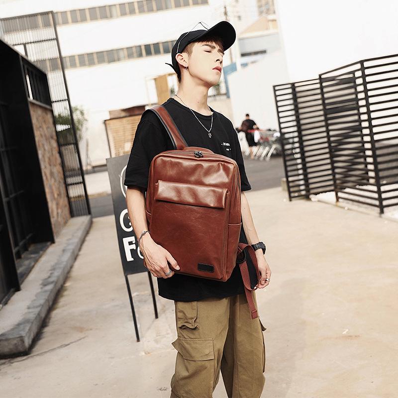 Retro Backpack Men Brown Bright Leather Waterproof Student Computer Bag Outdoor Sports Travel Bag