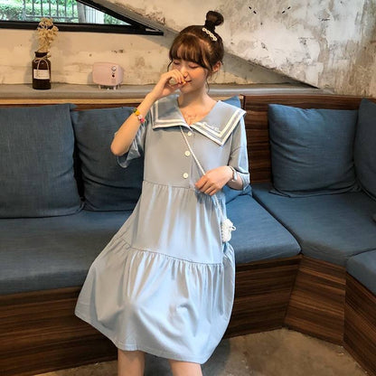 Sailor Suit  Cute Sweet Girl Ruffle College Style Age Reduction Looser  Short Sleeve Dress