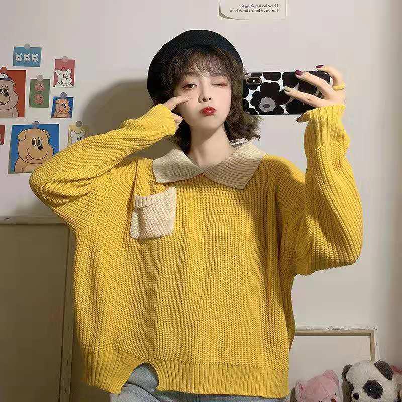 Pofulove Long-sleeved Sweater Winter Tide Shirt Students Contrast Color Polo Stand Collar Loose