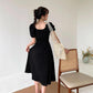 Women's Summer Puff Sleeve Dress Solid Color Chiffon Slim V-neck Long Skirt