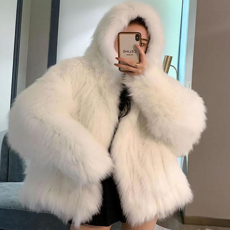 Winter Women's Fox Fur Mid-length Fur Collar Jacket Thick Faux Fur Hooded Jacket Korean Mid-length Mink Fur Plush Jacket