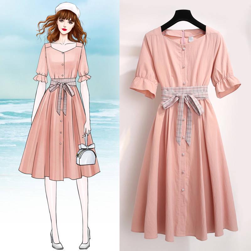 Pofulove Women Linen Dress Midi Elegant Party Dress Summer Etro Short Sleeve Dress with Belt