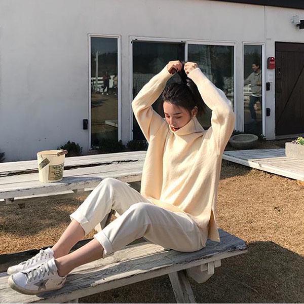 Warm Turtleneck Sweater Female Student Loose Solid Color Mid-length Split Knit Sweater