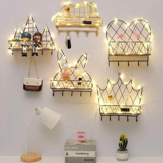 5 Shape Storage Rack Home Punch-free Storage Rack Metal Solid Wood Waterproof Display Stand with Light Strip