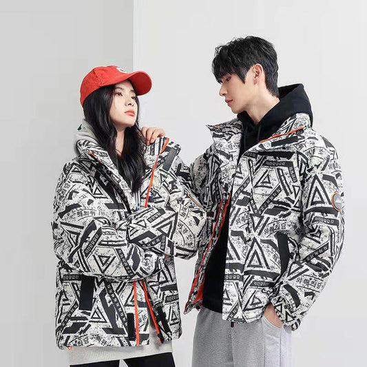 Men and Women The Same Down Jacket Winter Student Short Jacket Plus Velvet Thick Printing Couple Jacket Casual Warm Travel Jacket