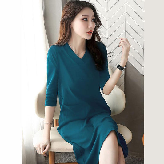 Ladies Dress Solid Color Five-quarter Sleeves Spring and Summer V-neck Large Pockets Pure Cotton Sweat-absorbing Soft and Comfortable