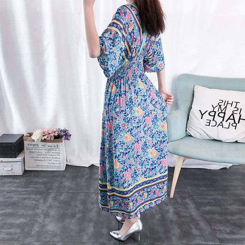 Ethnic Style Women's Print Mid-length Five-point Sleeve V-neck Loose Skirt Mom's Beach Holiday Skirt