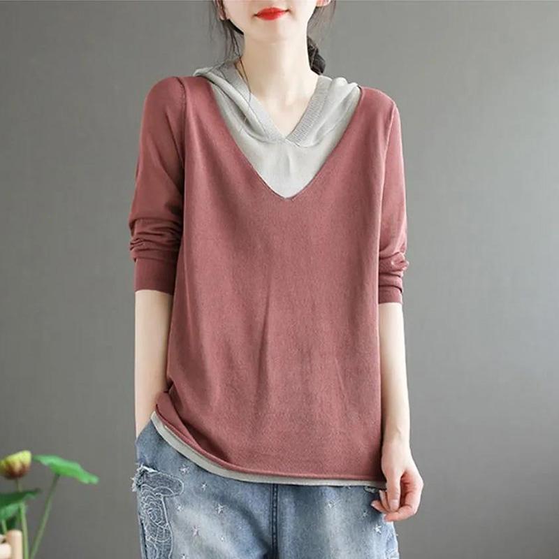 Literary Retro Fake Two-piece T-shirt Women's Loose and Thin Hooded Top Knitted Sweater Spring