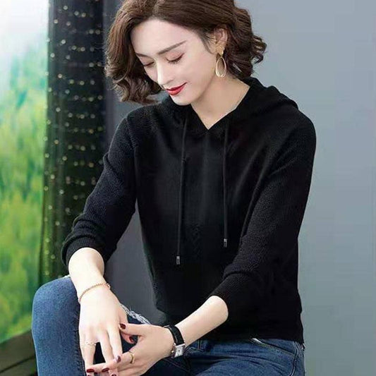 Spring and Autumn Knitted Hooded Sweater Short Loose All-match Top Solid Color Long Sleeve Women's Sweater