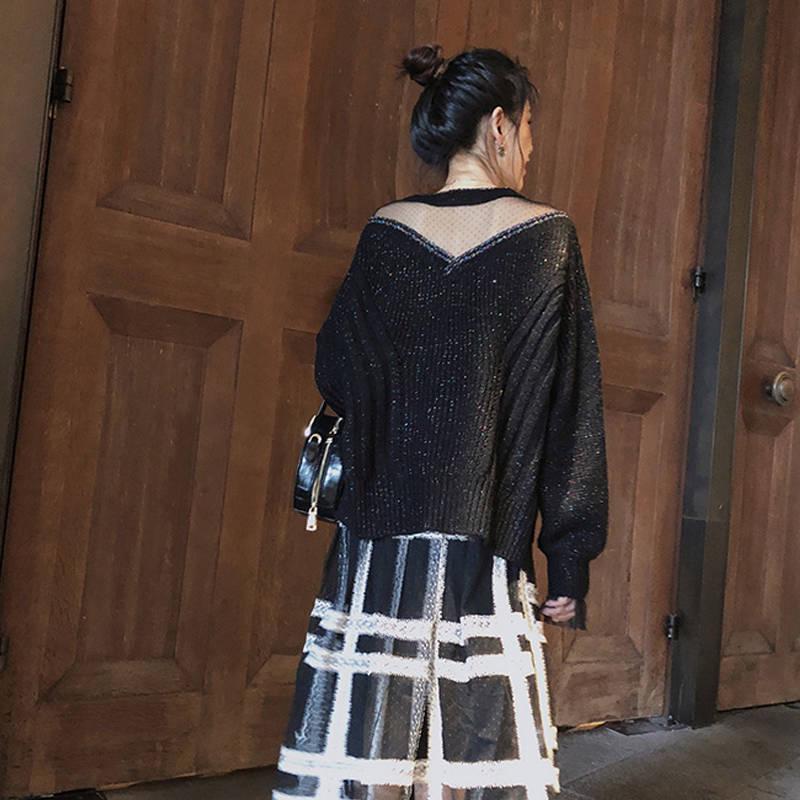 Pofulove Sexy Loose Bat Sleeved See-through Clavicle Top Mesh Knitwear Bright Silk Bottoming Sweater