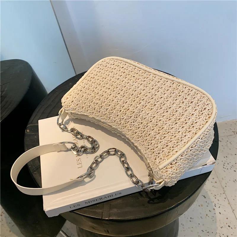 Women Large Capacity Vintage Straw Woven Retro Baguette Underarm Bag Simple Shoulder Handbag