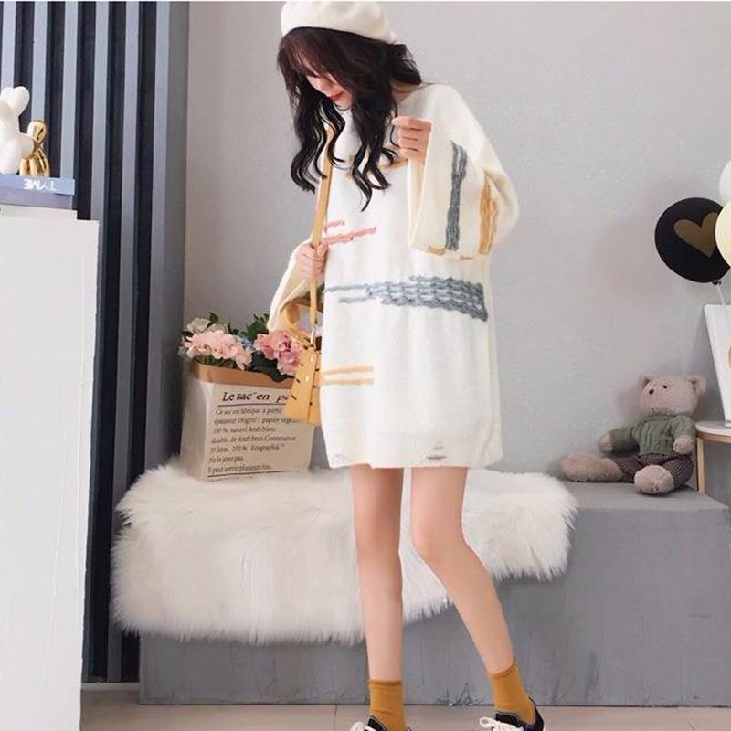 Winter Round Neck Thick Loose Sweater Women Outer Wear Inside Flare Sleeve White Sweater