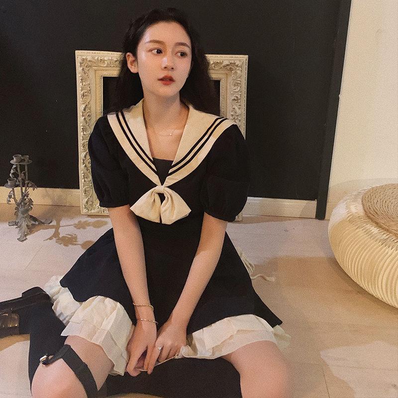 Lolita Sailor Suit Solid Color Cute Sweet Girl College Style Age Reduction Looser  Short Sleeve Dress