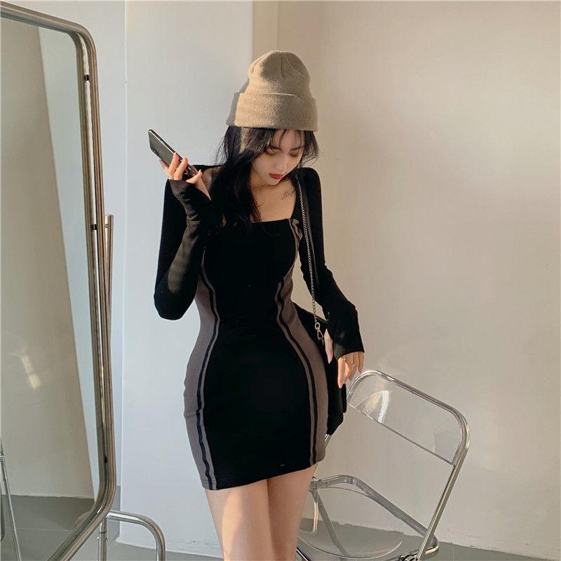 Spring Long-sleeved Dress Contrast Color Stitching Square Neck Dress Is Thinner Buttocks Skirt with Bottoming Skirt Female