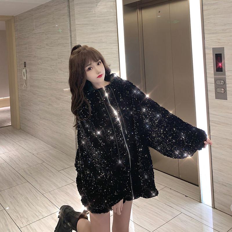 Starry Sky Hooded Zipper Jacket Women's Loose Short Glossy Jacket Regular Jacket Women's Spring and Autumn Seasons