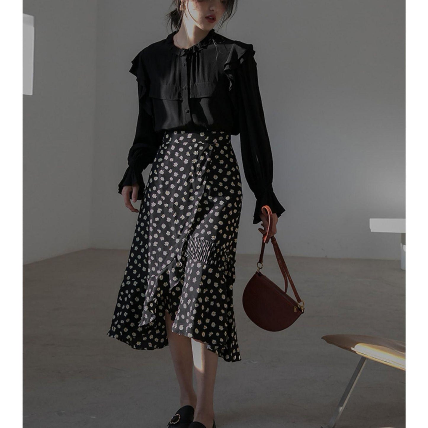 Summer Print Flower Chiffon Women Skirt Japanese Casual Skirts Harajuku Mid-Calf High Waist Skirts