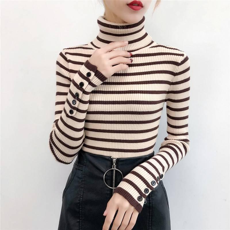 High Neck Women's Sweater Autumn Winter Striped Slim Fit Tight Sexy Long-sleeved Knitted Sweater