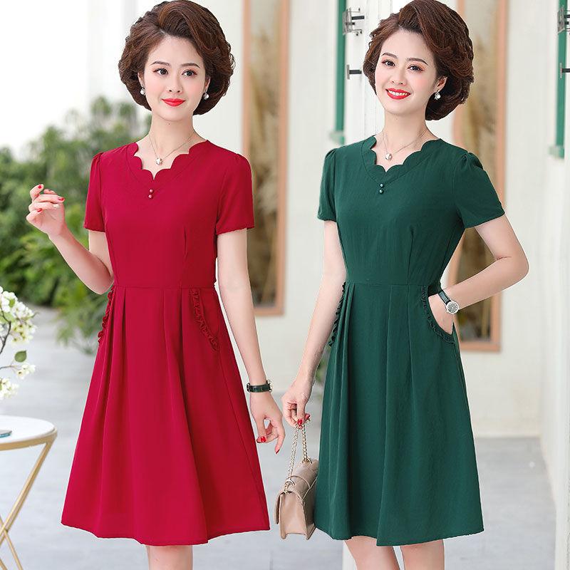 XL-XXXXXL Plus Size Polyester Short-sleeved Dress Summer Knee-length A-line V-neck Ruffle Pocket Skirt