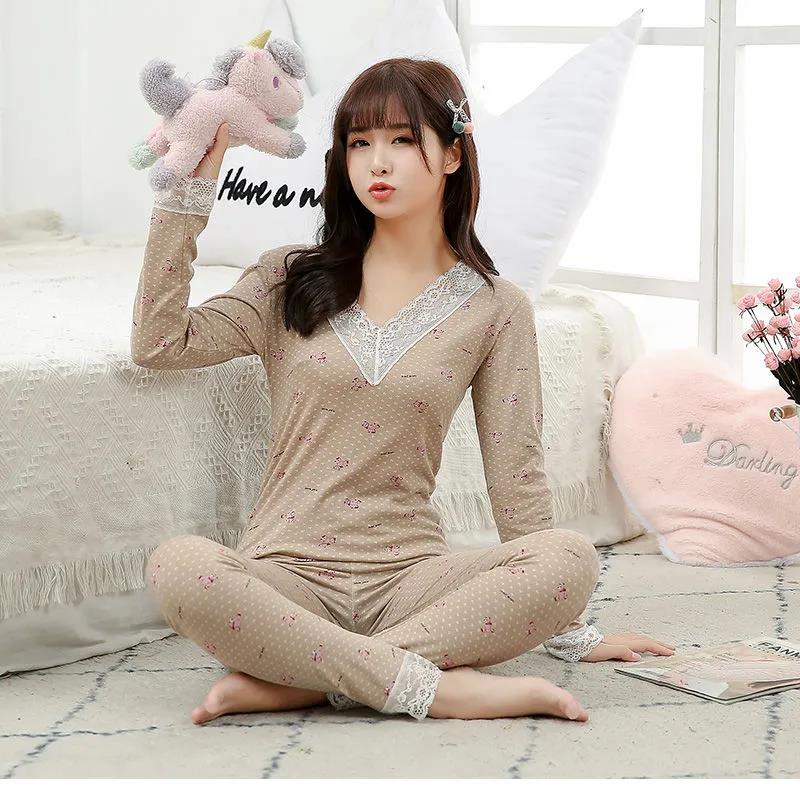 Qiuyi Long Trousers Women's Suit V-neck Round Neck Spring and Autumn Girls Students with Slim Bottoming Underwear Ladies Suit