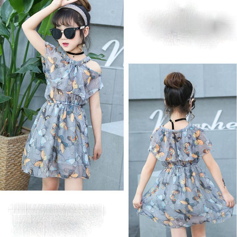 Children's Fashion Dress Girl Casual Off Shoulder Halter Above Knee Dresses Korean Girl's Dress Beach Dress Fold Print Butterfly